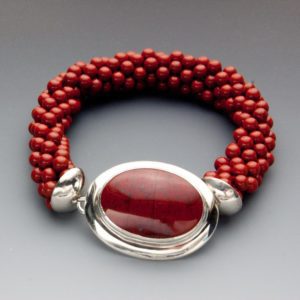 Red beaded crocheted bracelet with red jasper gem Handcrafted Artisan Jewelry