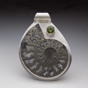 Pyritized Ammonite, Peridot, and Sterling Pendant Handcrafted Artisan Jewelry