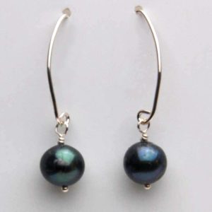 Earrings with Black Pearls on Long Sterling Earwires