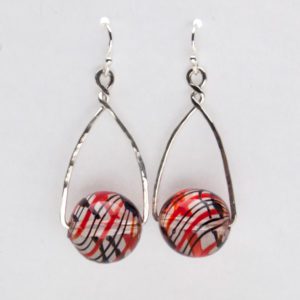 Red and Black Glass Balls Framed Sterling Earrings