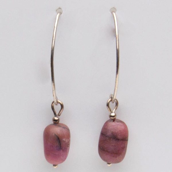 Earrings with Rhodonite Beads on Long Silver Earwires