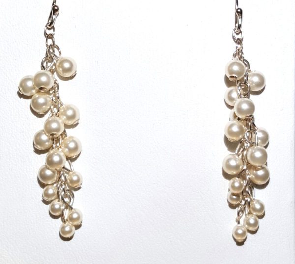 White Pearl Beads and Sterling Cluster Earrings